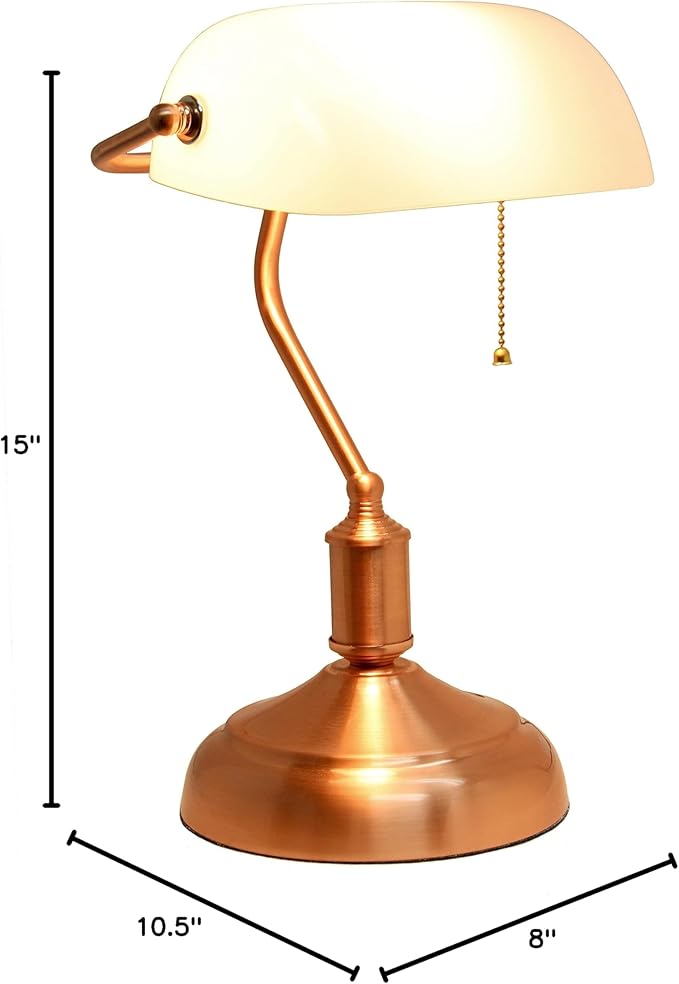 Simple Designs LT3216-RGD Executive Banker's Desk Lamp with White Glass Shade, Rose Gold - LeafyLoom