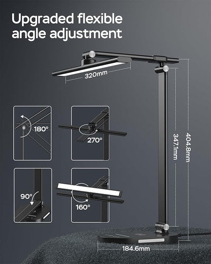 XREY LED Desk Lamp with Wireless Charger, USB Charging Port, Desk Lamp Touch Control Dimmable with 5 Color Modes & 5 Brightness, Eye Caring Desk Lamp, 2 Night Lights (Black) - LeafyLoom