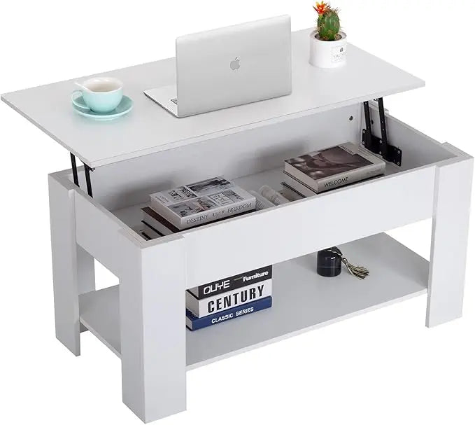 FDW Lift Top Coffee Table with Hidden Compartment and Storage Shelf Wooden Lift Tabletop for Home Living Room Reception Room Office (White) - LeafyLoom