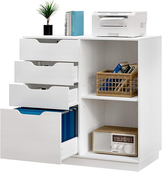 4 Drawers Lateral File Cabinets, Wood Filing Cabinet, Printer Stand with Open Storage Shelves for Home Office, 6 Compartments, White - LeafyLoom