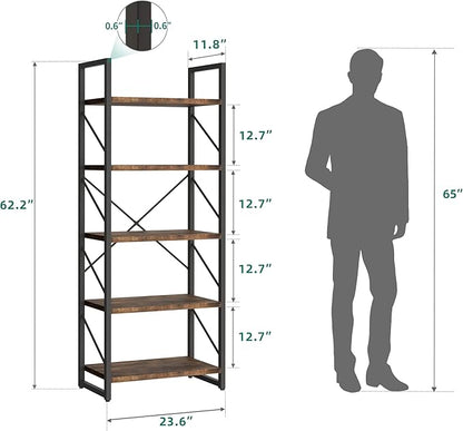 YITAHOME 5-Tier Bookshelf, Freestanding Book Shelf, Industrial Minimalist Open Display Storage Book Shelves Standing Shelving Unit for Living Room Bedroom Home Office, Rustic Brown - LeafyLoom