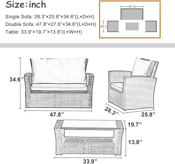 FDW Sectional Sofa Rattan Chair Wicker Conversation Set Outdoor Backyard Porch Poolside Balcony Garden Furniture with Coffee Table, Brown - LeafyLoom