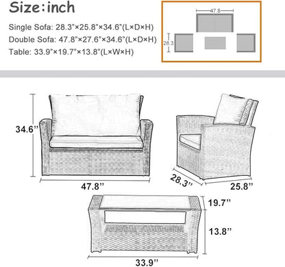 FDW Sectional Sofa Rattan Chair Wicker Conversation Set Outdoor Backyard Porch Poolside Balcony Garden Furniture with Coffee Table, Brown - LeafyLoom