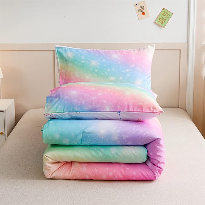 Holawakaka Girls Ombre Glitter Comforter Set, Twin Size Gradient Rainbow Galaxy Print Kids Bedding Sets, Multi-color Ultra-soft Dorm Bed Set (Pink Green, Twin) - LeafyLoom