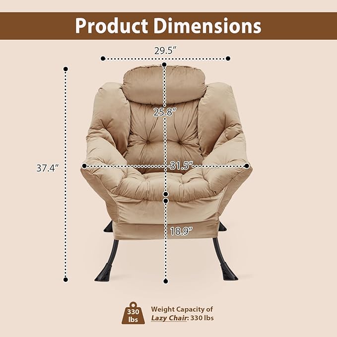 Lazy Chair Thick Padded, Accent Chair Velvet Upholstered with Wide Seat, Stable Metal Frame and Non-Slip Pad, Modern Sofa Armchair with Side Storage Bag for Dorm, Room, Office, Khaki - LeafyLoom