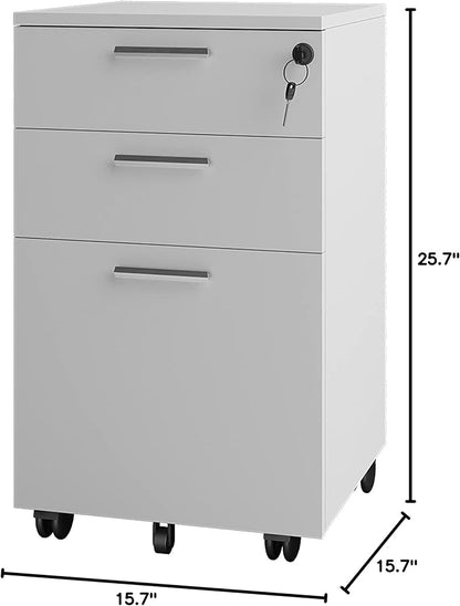 Lazio 26 Inch File Cabinet with Lock - Filing Cabinet for Home and Office - 3 Drawer File Cabinet with Wheels for A4 Sized Letters/Documents, Legal Sized Documents, Hanging File Folders - White/White - LeafyLoom