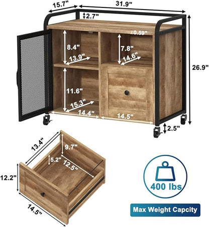BON AUGURE Filing Cabinet for Home Office, Lateral File Cabinet with Drawer for Letter/ A4 Size, Mobile Printer Stand with Open Storage (Vintage Oak) - LeafyLoom