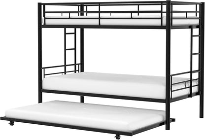 VECELO Twin Over Twin Bunk Bed with Trundle, Metal Bunkbeds with Ladder and Full-Length Guardrail, Noise Free, No Box Spring Needed, Black - LeafyLoom