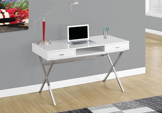 Monarch Specialties Laptop Table with Drawers and Open Shelf Computer, Writing Desk, Metal Sturdy Legs, 48" L, Glossy White - LeafyLoom