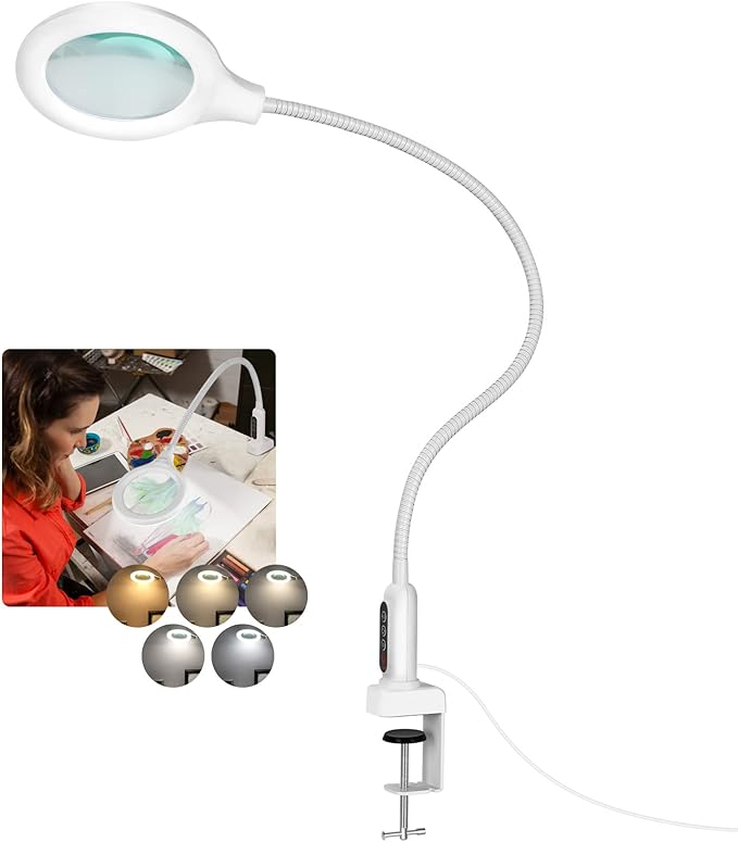 26" Gooseneck Magnifying Lamp with Clamp, 5 Color Modes Stepless Dimmable LED Desk Light with Magnifying Glass, 10X Real Glass Lighted Magnifier Hands Free for Painting Close Work Craft Hobby - LeafyLoom