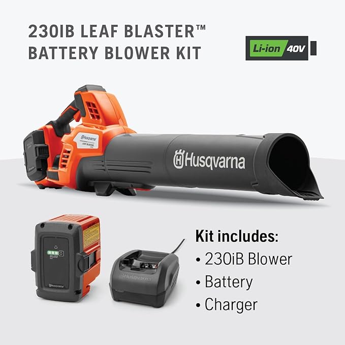 Husqvarna 230iB Battery Powered Cordless Leaf Blower, 136-MPH 650-CFM Electric Leaf Blower with Brushless Motor and Quiet Operation, 40V Lithium-Ion Battery and Charger Included - LeafyLoom