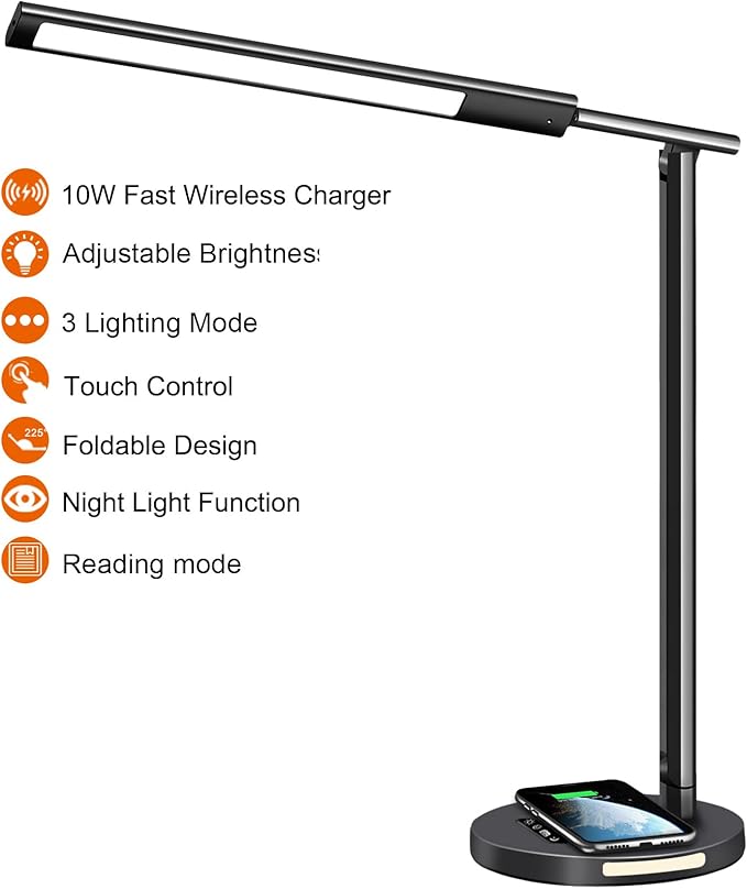 AFROG 8 in1 Multifunctional LED Desk Lamp with 10W Fast Wireless Charger,USB Charging Port, Night Light, 1200Lux Super Bright, 3 Lighting Mode, 5 Brightness,30/60 Min Timer, 12W Office Table Lamp - LeafyLoom