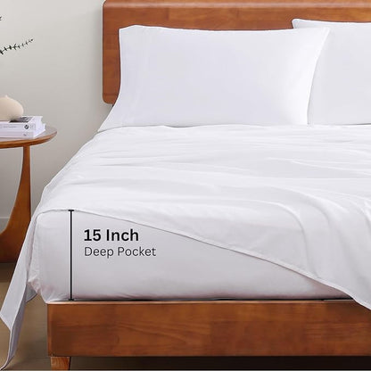 LANE LINEN 100% Organic Cotton Full Size Bed Sheets, Super Soft Long Staple Cotton Bed Sheets Full Size, Percale Weave Bedding Sheets and Pillowcases - White Full Sheet Set Fits 15" Deep Mattress - LeafyLoom