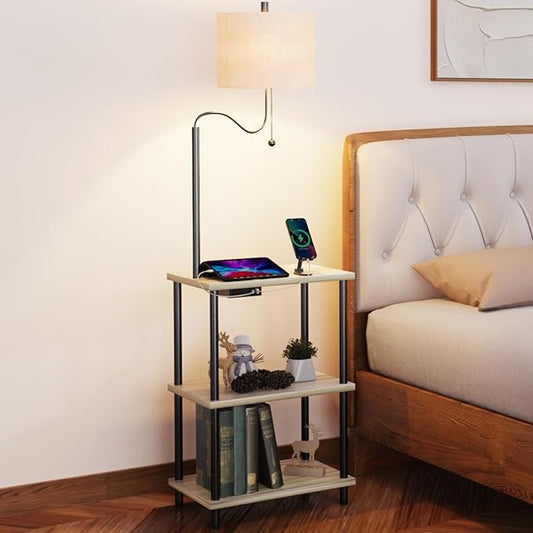 Floor Lamp with Table for Living Room End Table with Lamp Attached USB Type-C Bedside Reading Table with Charging Station Small Nightstand Table Floor Lamp for Bedroom(Bulb Included) - LeafyLoom