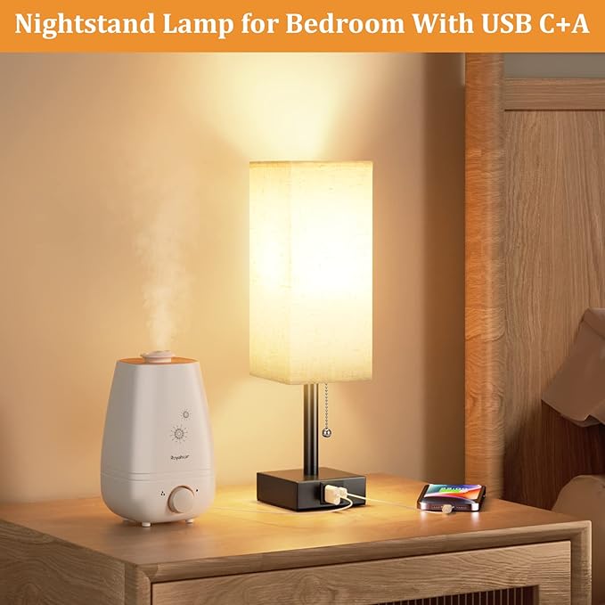 Bedside Table Lamp with 3 Color Temperatures - 3000/4000/5000K Small Lamp with USB C+A Ports, Nightstand Lamp with 3 Color Modes by Pull Chain, Bedroom Lamp for Living Read Work(LED Bulb Included) - LeafyLoom