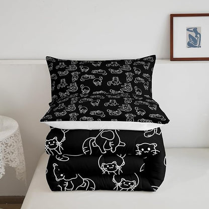 Feelyou Cartoon Cat Bed Sheet Set Cute Pet Cats Kids Comforter Set Animal Pattern Printed Bedding Set Set for Boys Room Decor Kitten Print Bed Cover Twin Size with 2 Pillow Case - LeafyLoom