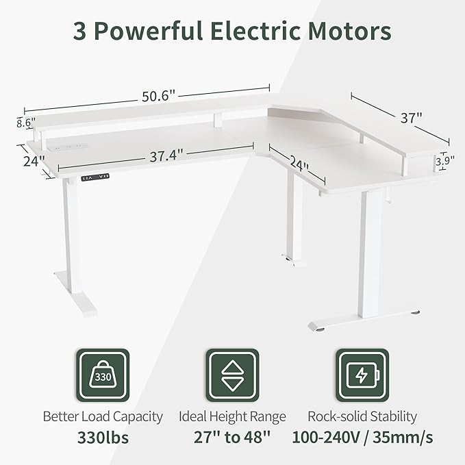 FEZIBO 63" Triple Motor L Shaped Standing Desk with LED Strip & Power Outlets, Height Adjustable Stand up Corner Gaming Desk with Ergonomic Monitor Stand, White Top/White Frame - LeafyLoom