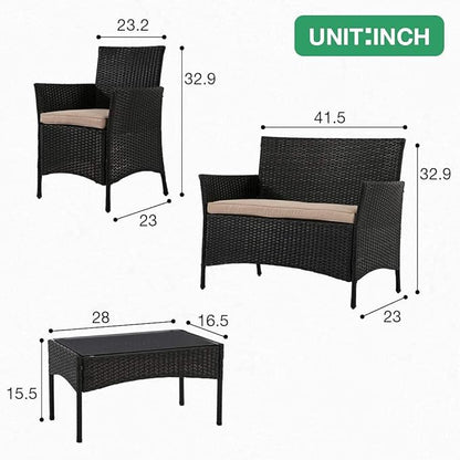 Outdoor Patio Furniture Sets 4 Pieces Patio Set Rattan Chair Wicker Sofa Conversation Set Patio Chair for Backyard Lawn Porch Poolside Balcony Garden Furniture Sets with Coffee Table (Black) - LeafyLoom