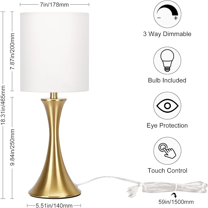 Gold Bedside Lamp Touch Control Table Lamp for Bedroom, 3-Way Dimmable Nightstand Lamp with White Shade, Modern Table Lamp for Living Room, Minimalist Desk Lamp for Dorm, Home, Office, Bulb Included - LeafyLoom