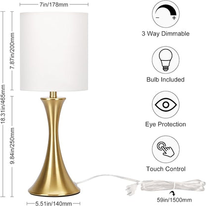 Gold Bedside Lamp Touch Control Table Lamp for Bedroom, 3-Way Dimmable Nightstand Lamp with White Shade, Modern Table Lamp for Living Room, Minimalist Desk Lamp for Dorm, Home, Office, Bulb Included - LeafyLoom