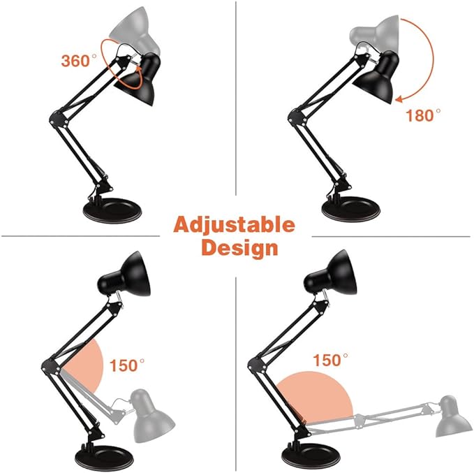 Metal Swing Arm Desk Lamps, Adjustable and Flexible, Feading with Base and Clip 2-in-1 Function, Fit E26&E27 Bulbs Base, Application in Bedroom Living Room, Office Home (Black) - LeafyLoom