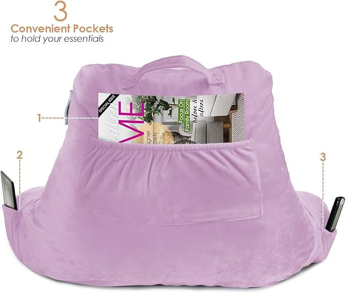 Nestl Reading Pillow with Portable Laptop Lap Desk, Velvet Feel Back Pillow for Sitting in Bed, Shredded Memory Foam Back Support Pillow for Bed, Bed Rest Pillow with Arms, Standard - Lavender - LeafyLoom