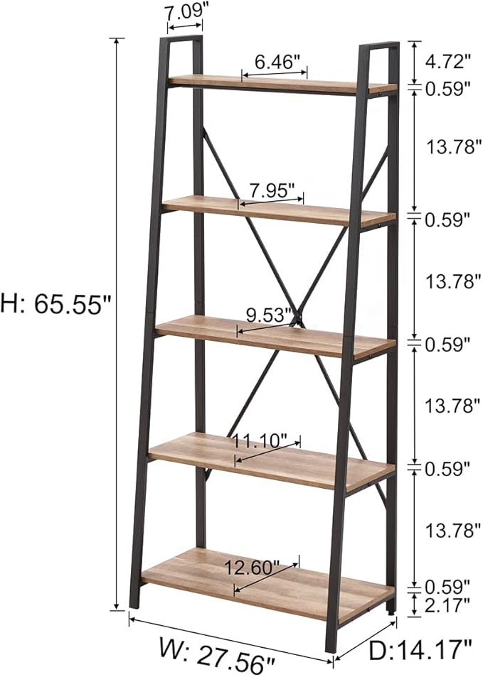 BON AUGURE Industrial 5 Tier Ladder Bookshelf, Wood and Metal Ladder Shelf Bookcase, Farmhouse Leaning Shelves for Living Room (Vintage Oak) - LeafyLoom