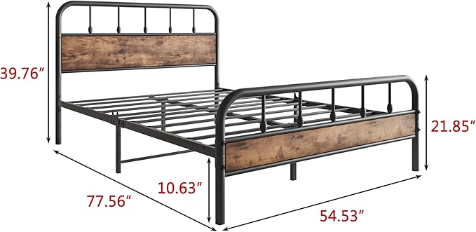 Full Size Metal Bed Frame with Rustic Vintage Wood Headboard and Footboard,Strong Metal Slats Support,No Box Spring Needed,Black - LeafyLoom