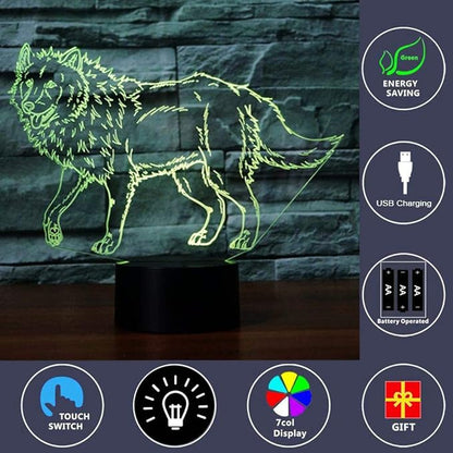 3D Illusion Animal Wolf Optical Night Light 7 LED Color Changing Desk Table Lamp Acrylic Flat Painted Image for Kiddie Kids Children Family Home Office Childrenroom Theme Decoration - LeafyLoom