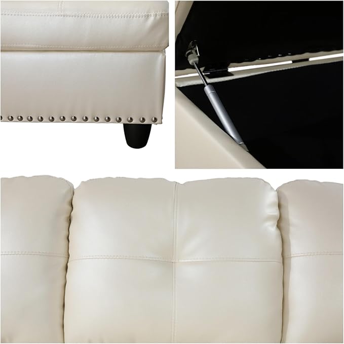 Leather L Shaped Sectional Ottoman Modern Nail-Head Design Comfy Lounge Modular Sofa with Cup Holder & Chaise for Living Room, Bedroom, Office, L Couch White - LeafyLoom