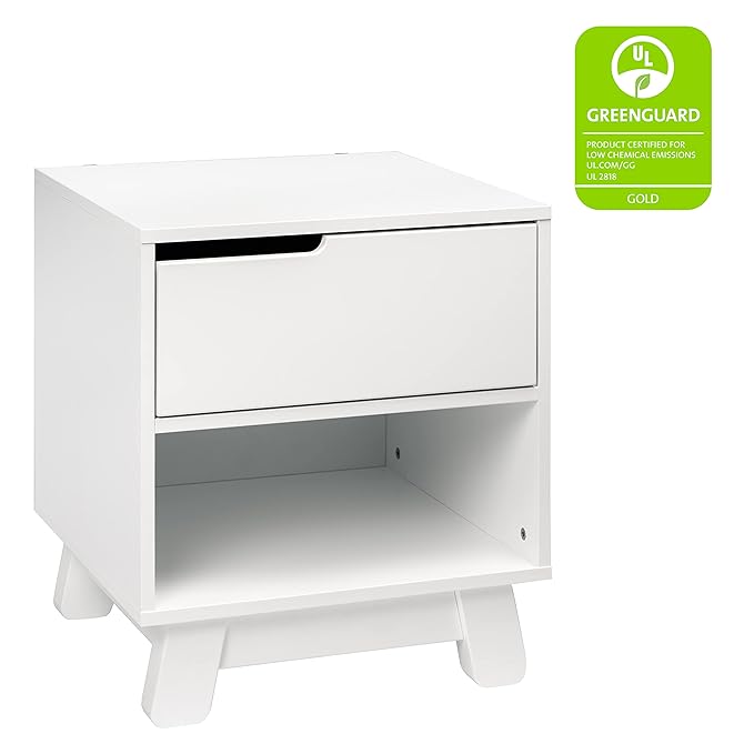 Babyletto Hudson Nightstand with USB Port in White, 1 Drawer and Storage Cubby - LeafyLoom