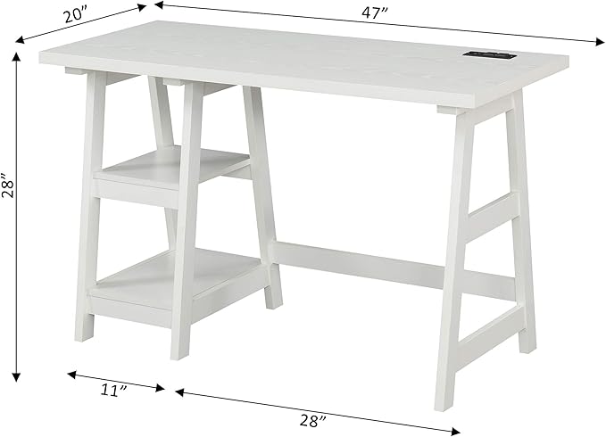 Convenience Concepts Designs2Go Trestle Desk with Charging Station and Shelves, White - LeafyLoom