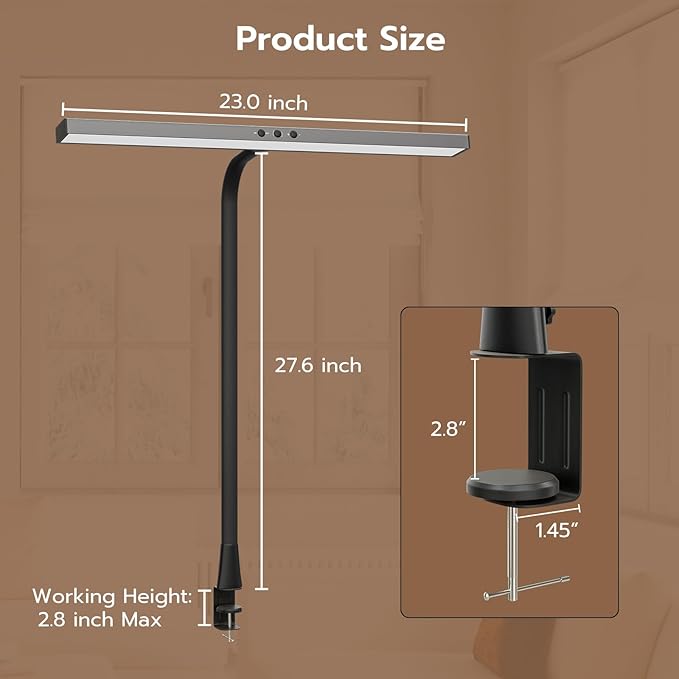 LED Desk Lamp, Architect Clamp Desk Lamps for Home Office, 20W Workbench Office Lighting with 3 Color Modes, and Stepless Dimming 23inch Wide Modern Desk Lamp for Reading - LeafyLoom