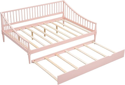 Full Size Daybed with Hideaway Trundle and Support Legs,Multi-functional Wood Bed Frame,W/Rails Three Sides,Easy to Assemble,for Bedroom,Living Room,Apartment,Pink - LeafyLoom