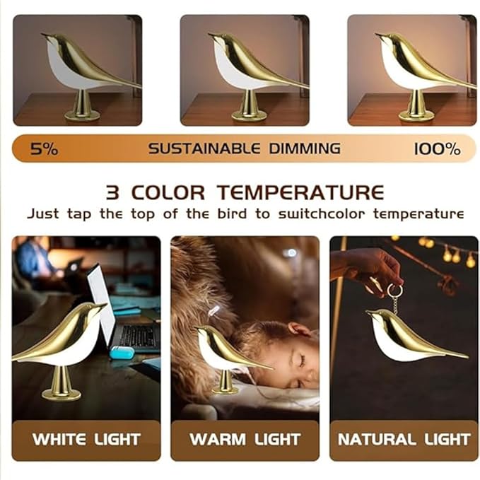 FUYUNXIN Bird Lamp Bedside Lamps - Rechargeable Cordless Table Lamp with 3 Color Temperatures and Touch Sensor - Perfect for Bedroom Nightstand (Gold) - LeafyLoom