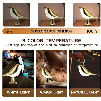 FUYUNXIN Bird Lamp Bedside Lamps - Rechargeable Cordless Table Lamp with 3 Color Temperatures and Touch Sensor - Perfect for Bedroom Nightstand (Gold) - LeafyLoom