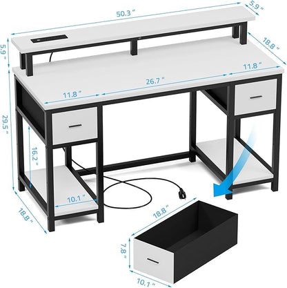 GreenForest Computer Desk with 2 Drawers and Power Outlets,50 Inch Office Desk with 2 Monitor Stands and Fabric File Cabinet, Reversible Gaming table with Led Lights and Shelves, Work Desk, White - LeafyLoom