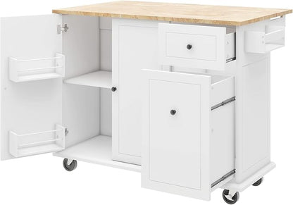 Kitchen Island with Drop Leaf,53.9" W Rolling Mobile Kitchen Cart W/Storage Rack,3 Tier Pull Out Cabinet Organizer,Spice-Rack&Towel-Rack,for Dining Room,Home Bar,White - LeafyLoom