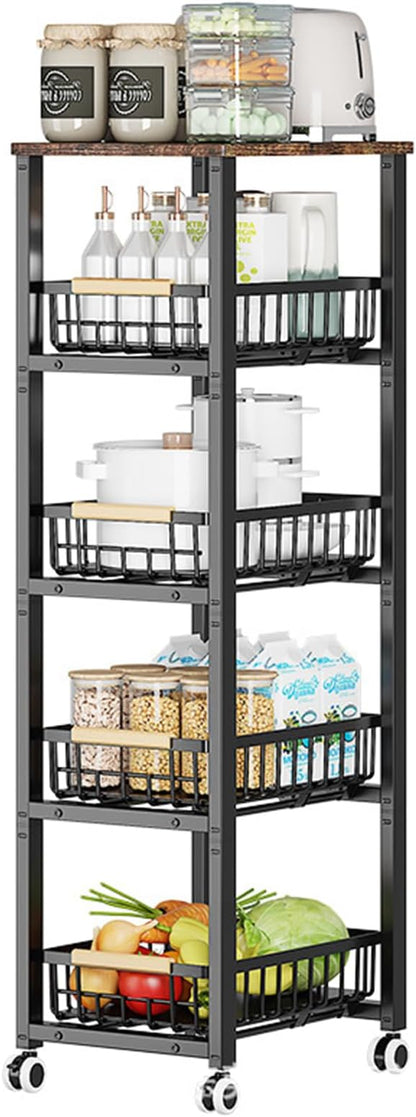 Kitchen Storage Cart Slim Rolling Cart On Wheels,5-Tier Skinny Kitchen Island Utility Organizer Storage Cart with Pull-Out Baskets and Wood Top,Mesh Fruit Basket Cart with Handle - LeafyLoom