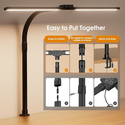 LED Desk Lamp with Clamp, Rotatable Architect Lamp for Home Office, Bright Computer Desk Light with Dimmable Color Brightness, Adjustable Desktop Lamp with Gooseneck, Double Head, Black - LeafyLoom