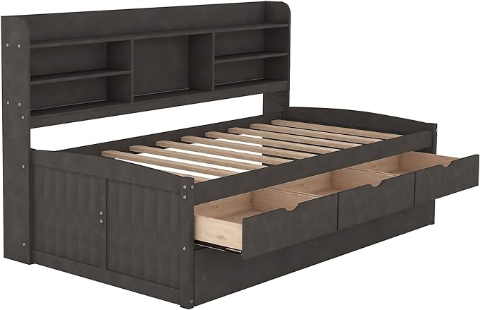 Twin Size Captain Bed with 3 Storage Drawers and Trundle, Wood Twin Bed Frame with Built-in Bookshelves for Kids Teens Adults, Antique Gray - LeafyLoom