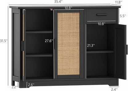 Irontar Kitchen Storage Cabinet, Sideboard Buffet Cabinet with Rattan Decorated Doors, Farmhouse Console Table with Drawer, Coffee Bar, Accent Table for Living Room, Black and Natural CWG010BM - LeafyLoom