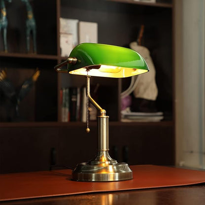 TORCHSTAR Green Glass Bankers Desk Lamp, UL Listed, Antique Desk Lamps with Brass Base, Traditional Library Lamp with Pull Chain, E26 Base, Vintage Desk Lamp for Office, Study Room - LeafyLoom