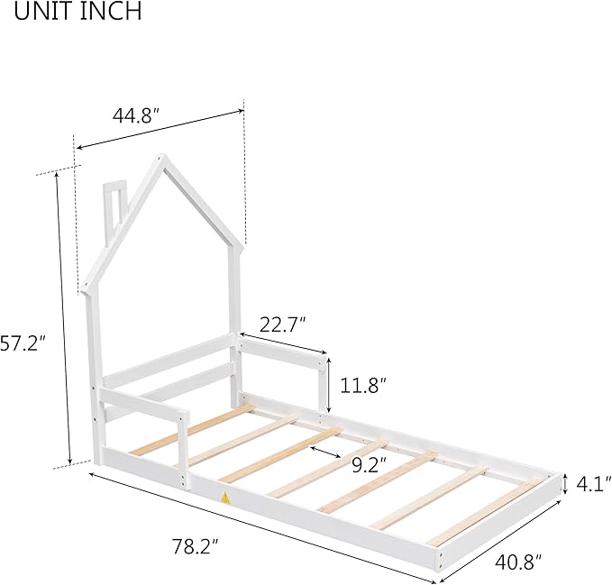 Bellemave Twin Size House-Shaped Headboard Floor Bed for Kids,Montessori Floor Bed with Handrails and Slats,Wood House Bed Twin for Girls,Boys(Twin,White) - LeafyLoom