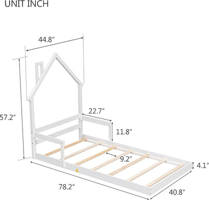 Bellemave Twin Size House-Shaped Headboard Floor Bed for Kids,Montessori Floor Bed with Handrails and Slats,Wood House Bed Twin for Girls,Boys(Twin,White) - LeafyLoom
