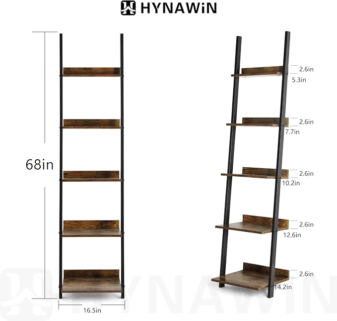 HYNAWIN 5 Tier Ladder Shelf-Wood & Metal Bookcase,Wall Mount Bookshelf Standing Unit,Multipurpose Plant Stand for Livingroom,Kitchen,Space Saving Display Rack,Industrial Accent Furniture - LeafyLoom