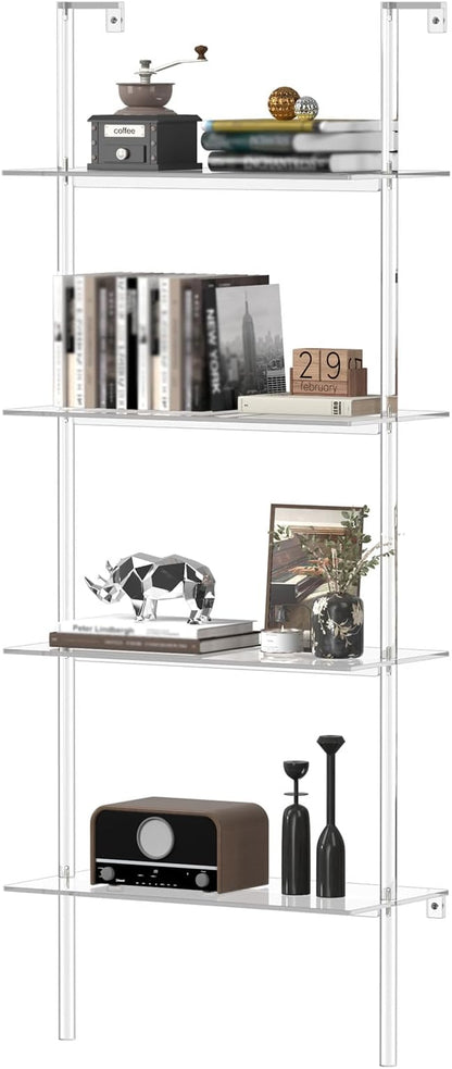 Acrylic Ladder Bookshelf, 4-Tier Clear Wall Mounted Bookshelf with Open Shelves, Multipurpose Bookcase for Living Room, Bathroom, Office, Modern, 11.6" D x 23.4" W x 59.4" H - LeafyLoom