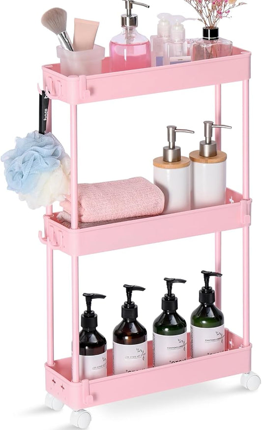 TOOLF Slim Rolling Storage Cart, 3 Tier Utility Cart on Wheels with Hooks, Bathroom Rolling Cart Organizer, Thin Mobile Shelving Unit for Laundry Kitchen Dorm for Nursery Diaper Craft Snack, Pink - LeafyLoom