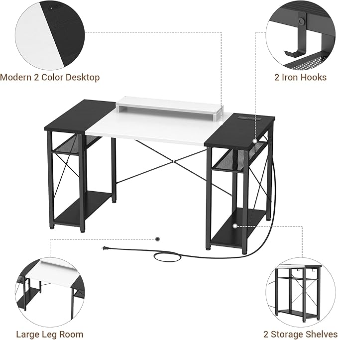 armocity Computer Desk, 55 Inch Desk with Power Outlet and USB, Reversible Large Desk with Moveable Monitor Stand, Industrial Gaming PC Table for Home Office, Workstation, White and Black - LeafyLoom