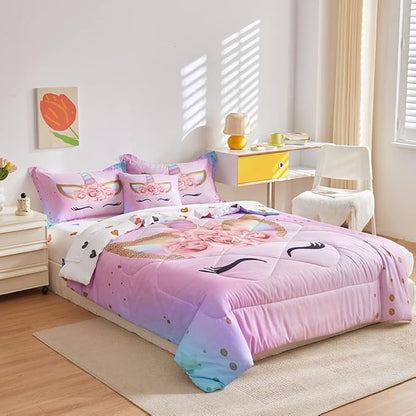 ADASMILE A & S Twin Unicorn Comforter Sets for Girls 6 Pieces Pink Floral Unicorn Bedding Set with Colorful Cute Love Heart Sheets Twin for Girls Unicorn Bed in a Bag Comforter for Home Decor - LeafyLoom